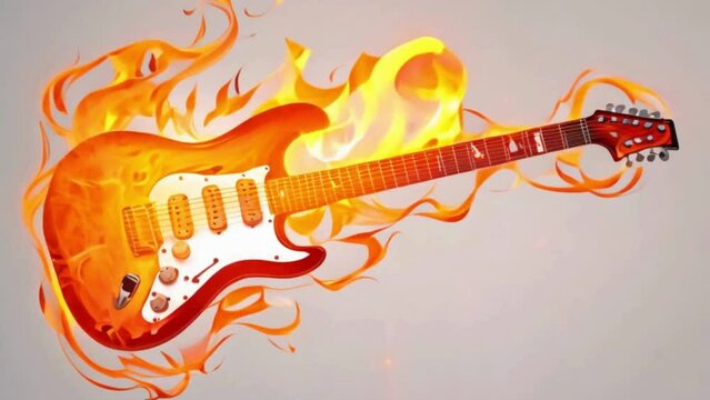 The strings and body of the electric guitar are adorned with vibrant flames in a multitude of colours, creating a visually captivating display