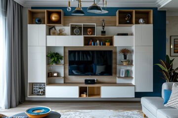 Stylish room interiors, tv, shelves, living room decor elements. Contemporary interior wall design