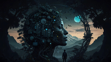 Harmonious coexistence of technology and nature. A man stands on the outskirts of a forest in front of a large computer in the form of a woman's face
