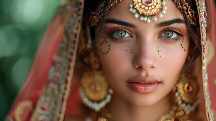 Obraz premium Elegant Indian Woman in Traditional Attire with Intricate Henna and Gemstone Accessories