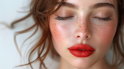 Attractive Fashion Model Showcasing Natural Makeup and Long Wavy Hair - A Captivating Portrait on a White Backdrop