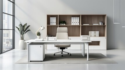 Design a minimalist workstation with ergonomic furniture and clean lines. 