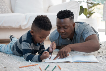 Dad, kid and help with homework in home for education, learning and support with care. Black...
