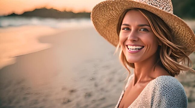 Frau mit Strohhut steht im Urlaub am Strand und lacht in die Kamera