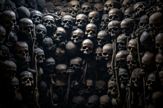 Chilling image displaying an array of human skulls stacked in a dark catacomb