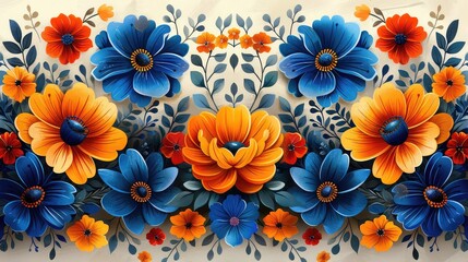 Vibrant Mexican Floral Pattern - Traditional Ethnic Embroidery Decoration Ornament Vector Illustration