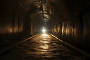 Moody, dimly lit tunnel with a distant bright light casting a golden glow on the path