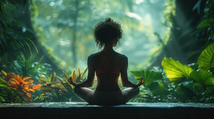 Practicing the Lotus Yoga Pose in a Lush Green Forest Tunnel - A Serene Illustration Surrounded by Chakra Colors