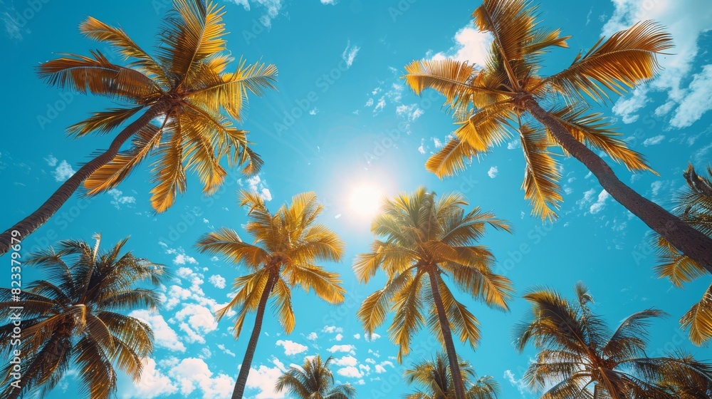 Wall mural serene scene of palm trees with bright sunlight against a blue sky, symbolizing vacation and tranqui