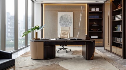 Design a private office with luxurious furnishings and a professional aesthetic. 