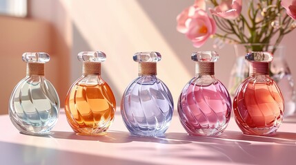 Artistic Composition of Transparent Multi-Color Glass Floral Perfume Bottles on a Simple Background
