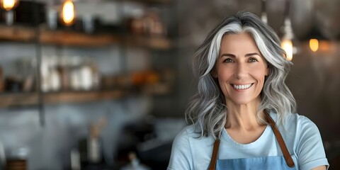 Confident mature woman with gray hair smiles in blue apron. Concept Portrait Photography, Fashion, Mature Beauty, Gray Hair, Confident Smile