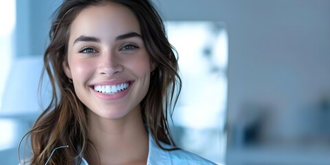 Brunette woman smiling during dental checkup at the dentists office. Concept Dental Checkup, Smiling Woman, Brunette, Dentist's Office, Oral Health