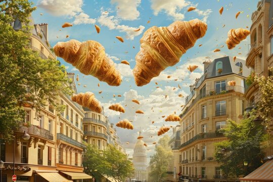 In a fairyland of sweets, croissants gently fall from the sky in a mesmerizing display of culinary magic.