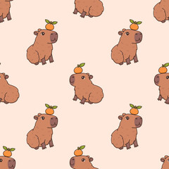 Seamless pattern of cute capybaras with citrus fruits. Funny cartoon rodent characters and tangerine. Kawaii vector illustration on beige background. Animal print
