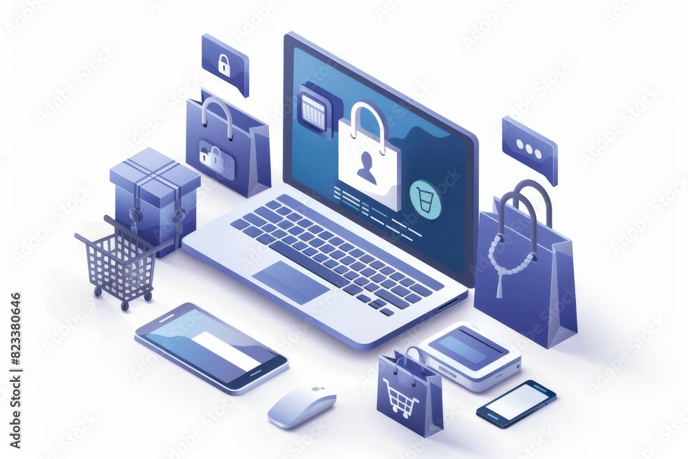 Poster online shopping with various secure elements and digital devices, showcasing the convenience of mode