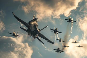 a group of fighter jets flying through a cloudy sky - Powered by Adobe