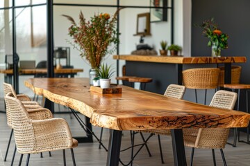 Fototapeta premium A long wooden dining table with black metal legs was set in an office room. The tabletop was made of natural wood and had visible grain patterns that added texture to the space