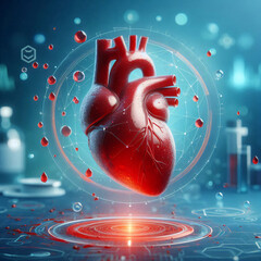 A 3D heart model symbol made of glass with blood or blood-like fluid, background with medicine hospital or medical research and development facility theme