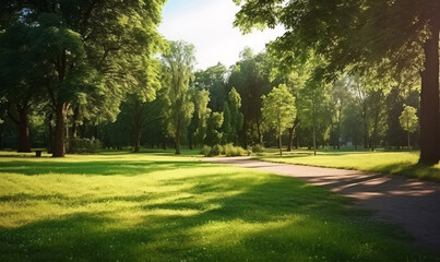 Fototapeta premium Beautiful landscape in a park with a tree and a green meadow in clear sunny weather.