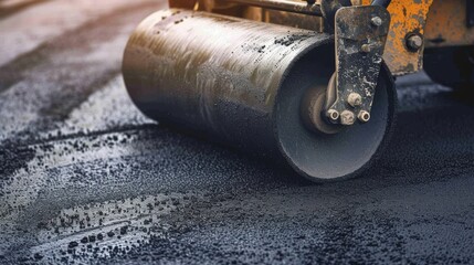 Naklejka premium Road construction scene showing a steamroller in action on freshly laid asphalt, emphasizing industrial progress and development.