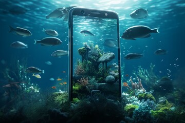Surreal image of aquatic life viewed through a mobile phone screen under the ocean