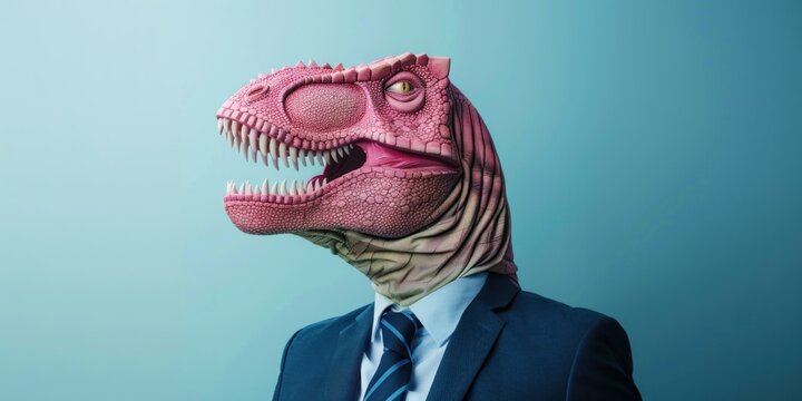 Man in suit and tie wearing trex head on head at unconventional business conference event