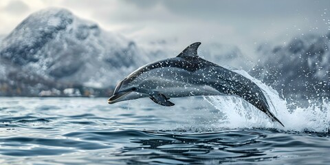 Fish leaping from sea with mountains in background. Concept Nature, Wildlife, Ocean, Landscapes, Action Shots