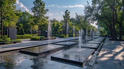 A modern city park with sculptures and fountains. --ar 16:9 Job ID:...
