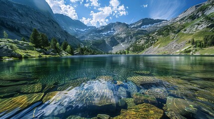 A mountain lake with crystal-clear water. --ar 16:9 Job ID: a2c01e39-e986-4aaf-824b-b0c89562c524