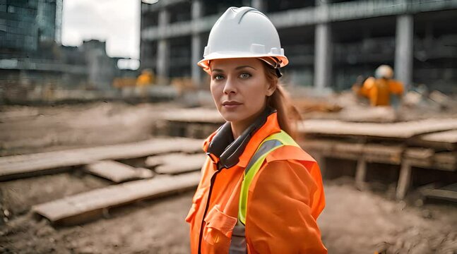 Frau steht in Schutzkleidung auf Baustelle