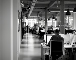 A man is sitting at a desk in a large open office space. The room is filled with other people working at their own desks. The atmosphere is busy and professional, with everyone focused on their tasks