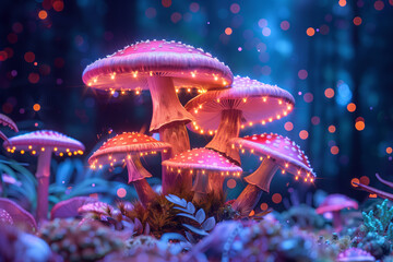 Magical psilocybin mushrooms glowing neon on night forest background.