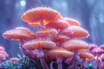 Magical psilocybin mushrooms glowing neon on night forest background.