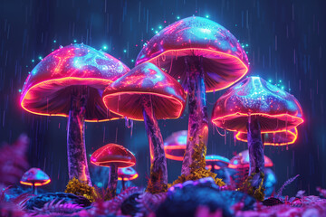 Magical psilocybin mushrooms glowing neon on night forest background.