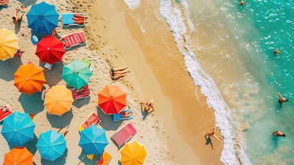 A beach scene with colorful umbrellas and people enjoying the shore from an aerial perspective.