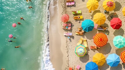 An advertising poster featuring a beach scene with colorful umbrellas and people enjoying the water.