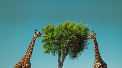 Two giraffes gracefully bending their long necks to eat leaves from a tall tree under a clear sky.
