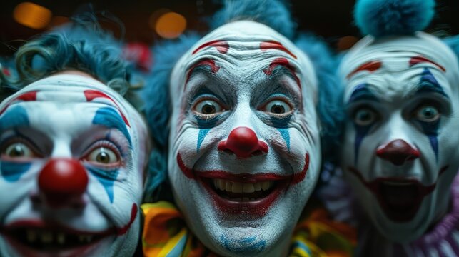 Depict a group of clowns performing a humorous skit, with exaggerated expressions and playful antics, in front of an amused audience, Close up