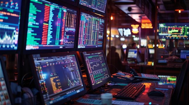 Depict a highstakes underground sports betting operation, with monitors displaying various games and odds, Close up