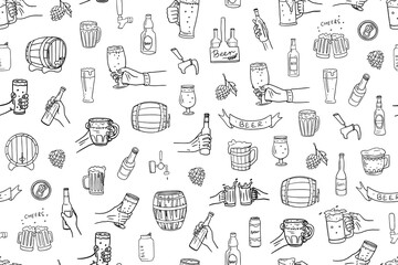 Seamless pattern of beer, glasses of beer, bottle of beer in hand, glass in hand in doodle style. Mug with beer, barrel. Cheers. Great for bar menu design, packaging, pub. Hand drawn.