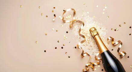 Champagne Bottle with Golden Ribbons and Confetti on Beige Background