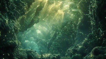 Fototapeta premium Depict a network of underground tunnels lined with bioluminescent fungi, casting an eerie yet beautiful light, Close up