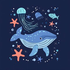 whale and sea animals, world ocean day flat illustration, marine card with copy space