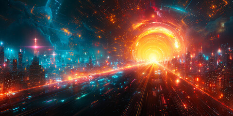 Blazing Through Cyber-Futuristic Cityscape: Speed, Lights, and Advanced Urban Infrastructure Engulfs the Night
