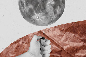 Trend artwork sketch image composite 3D photo collage of huge hand arm appear hold gas lighter fire...