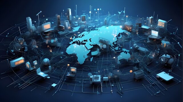 Broad Internet and networking notion of cyber security. high-tech vector graphic featuring a range of technological components. Global science fiction idea in abstract form. Digital internet usage on 