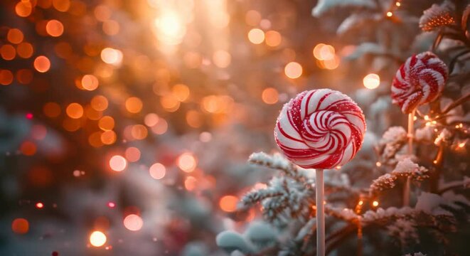 Close-up of a magical lollipop garden, blurred fairy lights