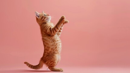 A cat is standing on its hind legs and looking up at something