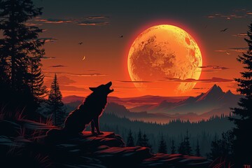 Digital image of wolf silhouette howling, silhouette of the moon and mountain